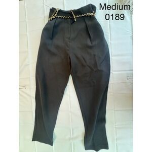 Apeach Black High Waisted Pleated Trousers with Gold Chain Detail Womens Medium